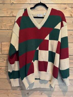 Aureus Vintage 90s Geometric Colorblock V-Neck Knit Sweater Large